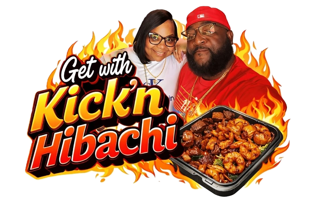 Kick'n Hibachi owners with a tray of hibachi